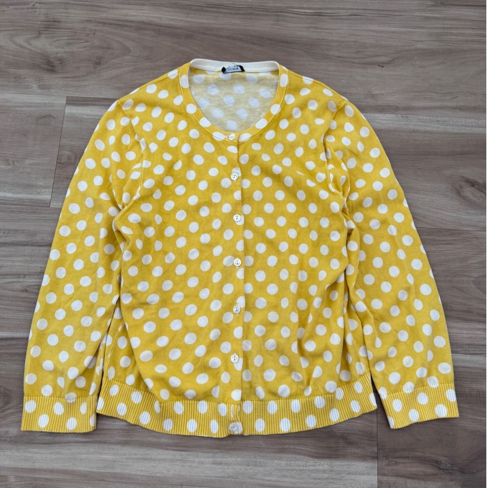 J.Crew Yellow Polka Dot‎ Button Front Crewneck Cardigan Sweater chic dainty S a3